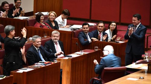 The Senate chamber erupted with applause after Senator Smith's bill was passed. (AAP)