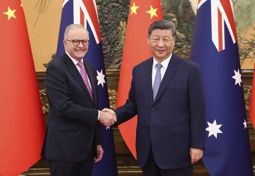 Çin Cumhurbaşkanı Xi Jinping, sağda, Albanese ile iki taraflı toplantı öncesinde tokalaşıyor.