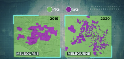 There are still gaps in Melbourne's 5G coverage, as opposed to 4G which is shown in green.