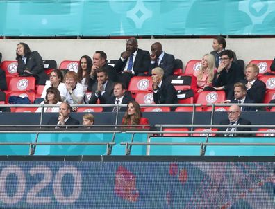 The Duke and Duchess of Cambidge with son Prince George (front row) along with Former England Goalkeeper David Seaman (far left) and wife Frankie Poultney, Ed Sheeran, David Beckham, Romemo Beckham, Ellie Goulding and husband Caspar Jopling during the UEFA Euro 2020 round of 16 match at Wembley Stadium, London. Tuesday June 29, 2021. 