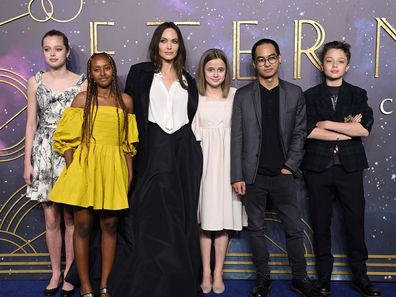 Angelina Jolie, third from left, and her children Shiloh, Zahara, Vivenne, Maddox and Knox at the London premiere of 'The Eternals' in 2021.	**This image is for use with this specific article only** 