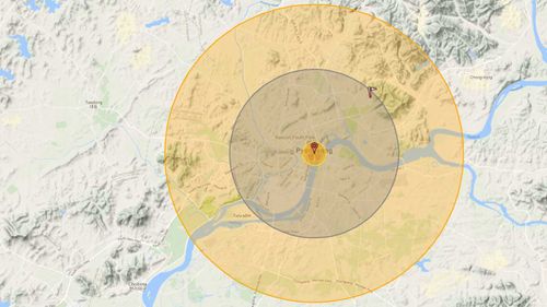 The immediate impact of a B-83 nuclear bomb on Pyongyang. (Nukemap)