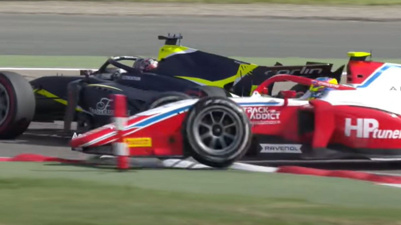 Oscar Piastri (right) collides with British driver Dan Ticktum in the Bahrain F2 feature race.