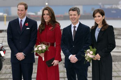 Prince William, Duke of Cambridge (L), Catherine, Duchess of Cambridge (2nd L), Crown Prince Frederik of Denmark (2nd R) and Crown Princess Mary of Denmark (R) arrive for a visit to the UNICEF emergency supply centre on November 2, 2011 in Copenhagen, Denmark.