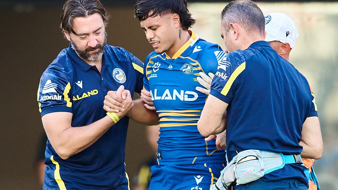 Haze Dunster of the Eels is helped from the field with an injury during the NRL Trial Match between the Parramatta Eels and and St George Illawarra Dragons at CommBank Stadium on February 20, 2022.