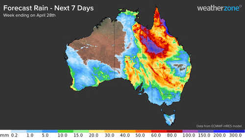 Accumulated rainfall totals reaching 100 to 200mm are forecast for parts of the eastern NT and western and northern QLD.