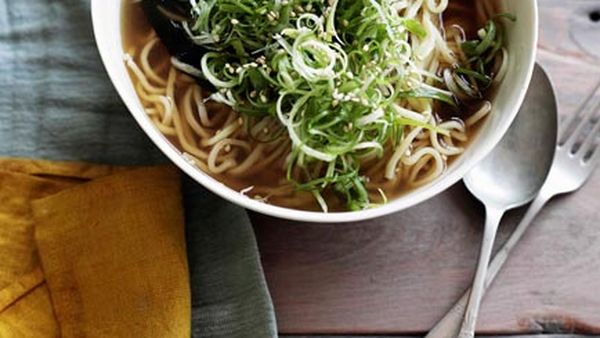 Ramen with roast pork belly, nori and spring onion