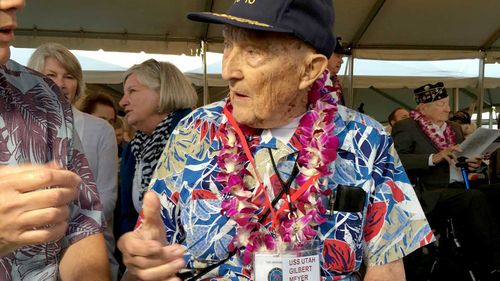 Pearl Harbor survivor Gilbert Meyer, 95, at a remembrance ceremony at Pearl Harbor, Honolulu. (AAP)
