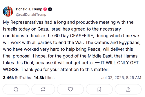 Başkan Donald Trump, Gazze'de 60 günlük bir ateşkes için şartları kabul eden İsrail'i duyurdu.