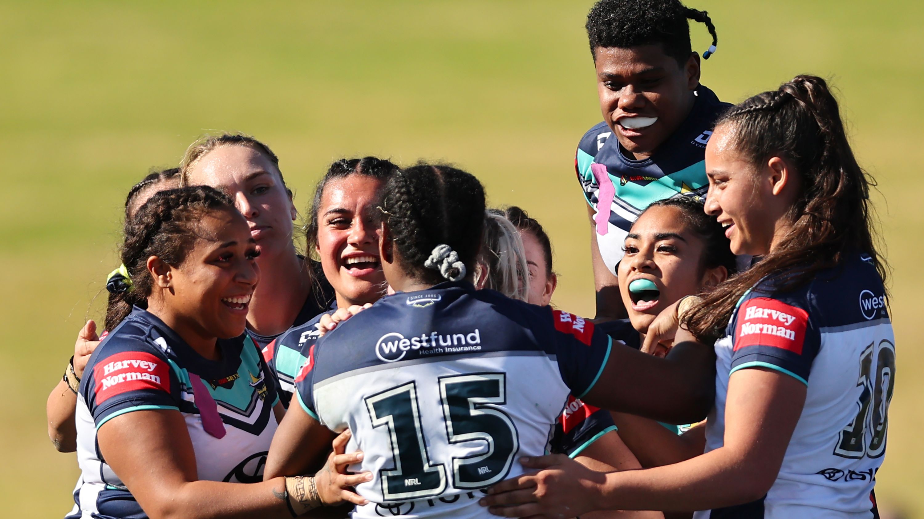 The Cowboys celebrate a try cored by Sareka Mooka of the Cowboys during the round two NRLW match between Newcastle Knights and North Queensland Cowboys at Belmore Sports Ground, on July 30, 2023, in Sydney, Australia. (Photo by Jeremy Ng/Getty Images)