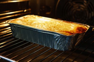Italian lasagne casserole is in the oven.