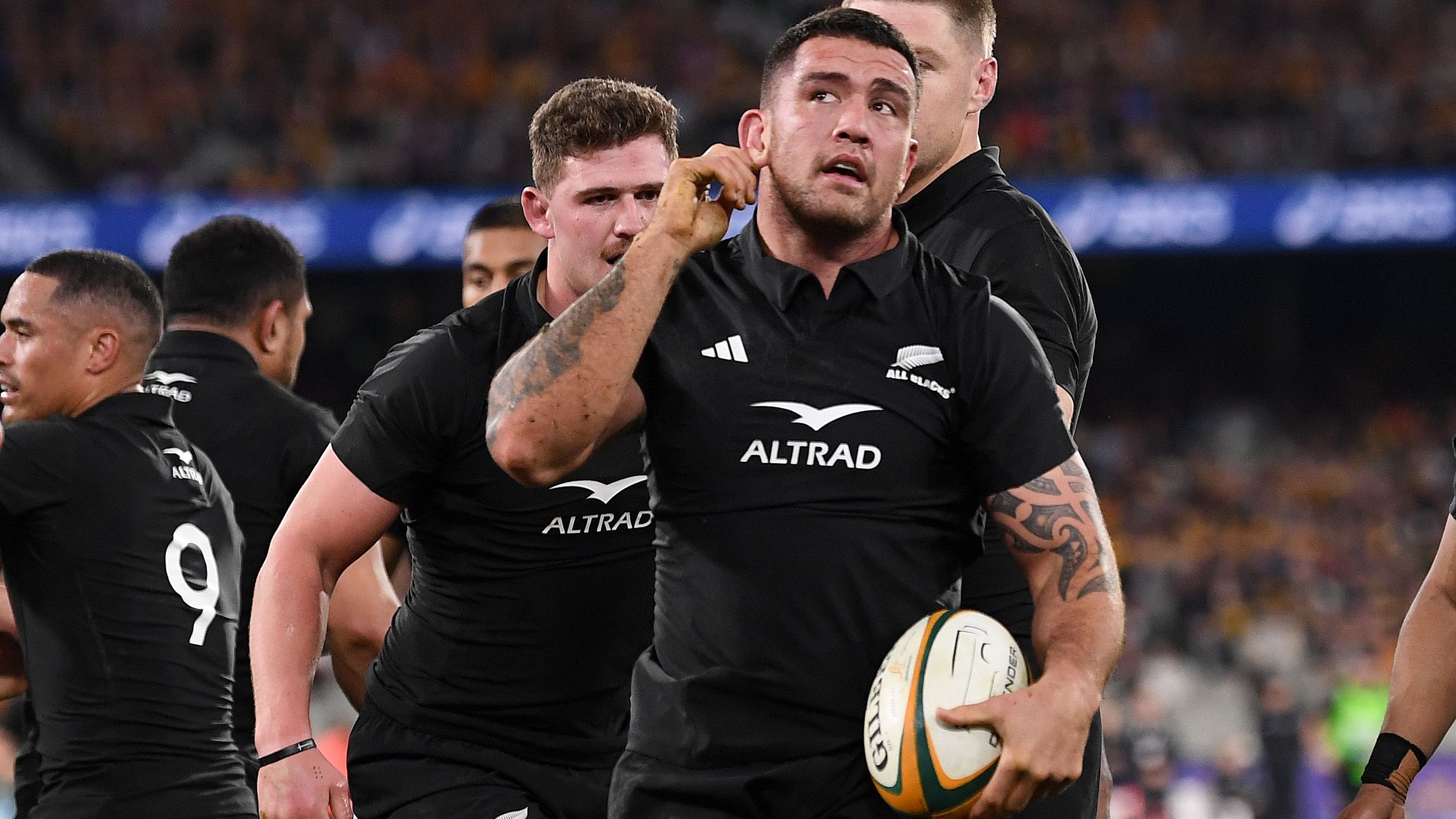 Codie Taylor of the All Blacks celebrates a try.