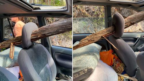 A group of teenagers exploring K'Gari during Schoolies had an incredible near miss when a tree pierced the windscreen of the car they were in.