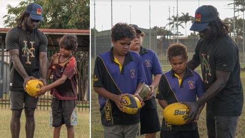 He got involved with a sports program at Hope Vale Campus when he visited Cape York this week. (Supplied)