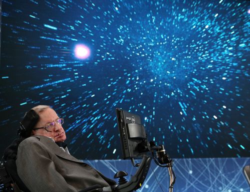 Professor Hawking on stage during the New Space Exploration Initiative's "Breakthrough Starshot" announcement at One World Observatory in New York City in 2016. (Jemal Countess/Getty Images)