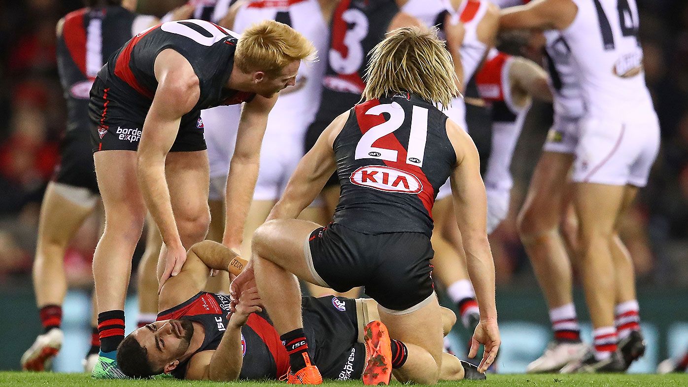 St Kilda defender Nathan Brown reported after late off-ball hit on Bomber speedster Adam Saad