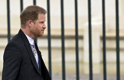Britain's Prince Harry, Duke of Sussex arrives to attend Britain's King Charles III and Camilla, the Queen Consort, coronation ceremony at Westminster Abbey, London, Saturday, May 6, 2023. (Toby Melville, Pool via AP)