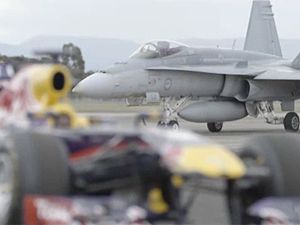 Daniel Ricciardo's Red Bull F1 car and the RAAF Hornet (supplied)