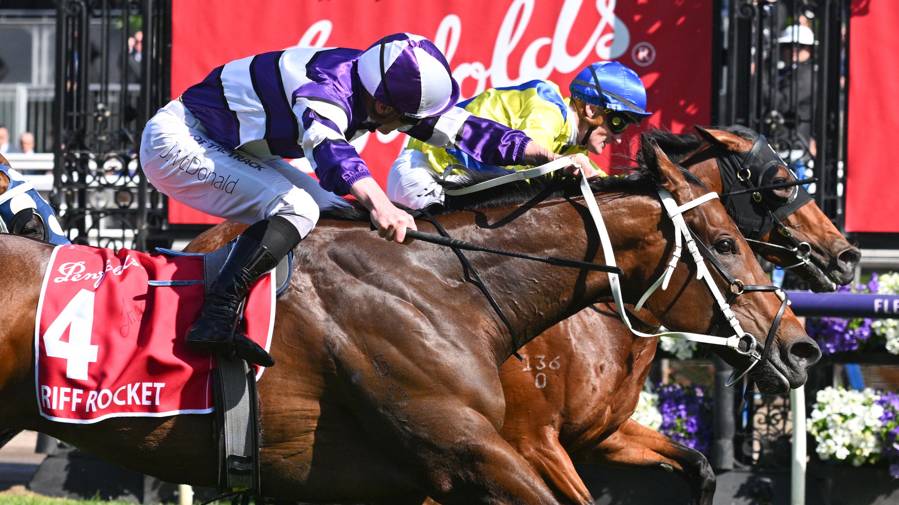 James McDonald riding Riff Rocket edges Mark Zahra on Apulia to win the 2023 Penfolds Victoria Derby at Flemington Racecourse.