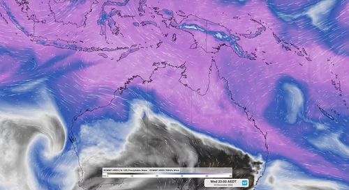 Previsão de água precipitável e vento de 700 hPa às 23h AEDT na quarta-feira, 24 de dezembro de 2025.