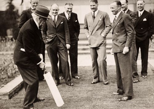 The founder of Selfridges department store, Mr HG Selfridge batting with members of the Australia cricket team, including Don Bradman (3rd from right) in London, 1934. 
 (Popperfoto, Getty Images)