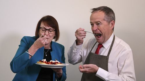 Labor Leader Bill Shorten and Labor MP Susan Templeman sampling their homemade strawberry pancakes. 