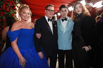Jeanne Moore, Brendan Fraser, Holden Fraser and Leland Fraser attend the 95th Annual Academy Awards on March 12, 2023 in Hollywood, California.