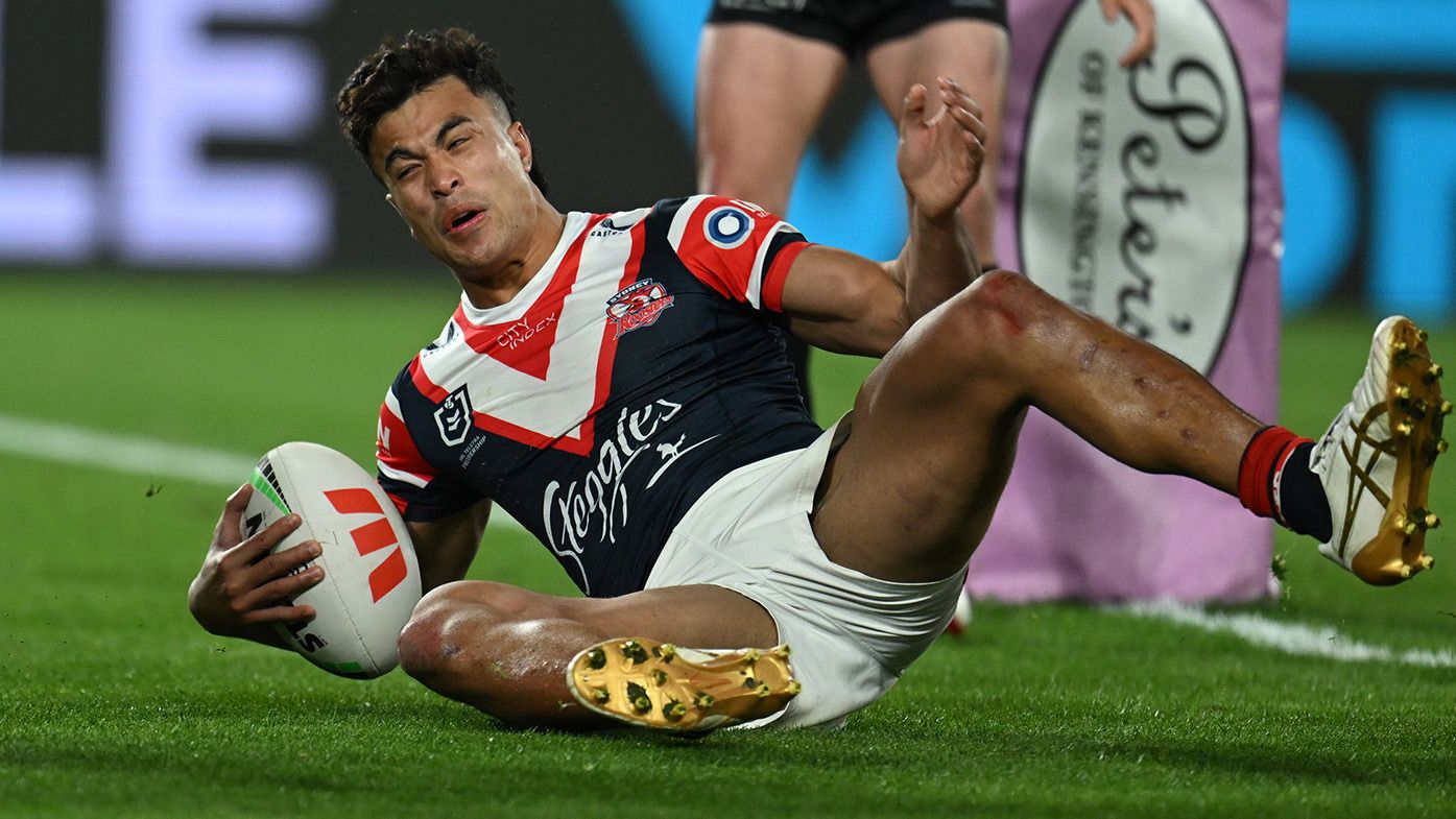 Joseph Suaalii in action for the Roosters against the Rabbitohs in round 27.