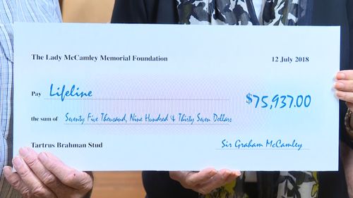 Lifeline was today handed a cheque for nearly $76,000. Picture: 9NEWS