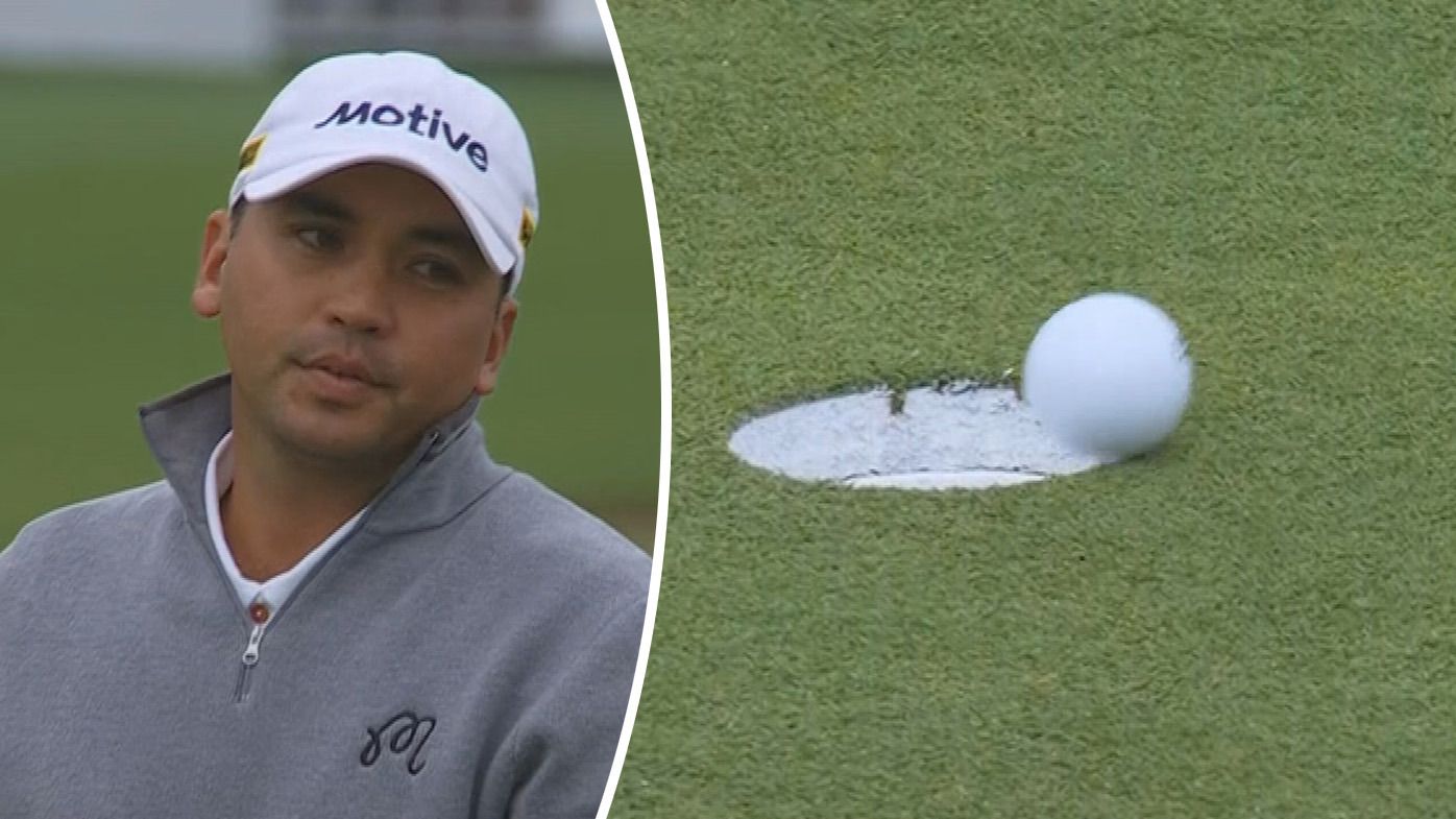 Jason Day reacts to missing his eagle putt on the 18th hole of the third round of the Pebble Beach Pro-Am, which would have seen him equal the tournament record.