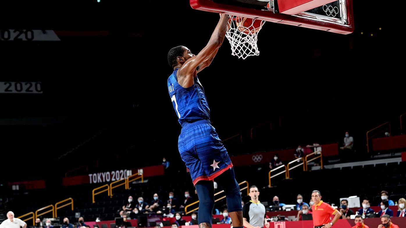  Kevin Durant of the USA slam dunks during the quarter final Basketball match between the USA and Spain on day eleven of the Tokyo 2020 Olympic Games at Saitama Super Arena on August 03, 2021 in Saitama, Japan. (Photo by Bradley Kanaris/Getty Images)