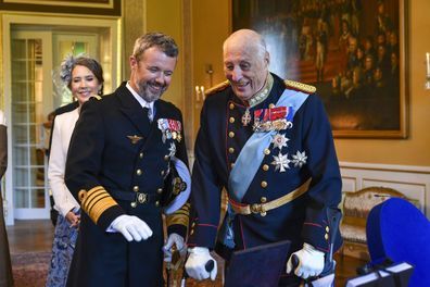 Norway's King Harald, right, and Denmark's King Frederik at the Palace in Oslo, Norway, Tuesday, May 14, 2024.