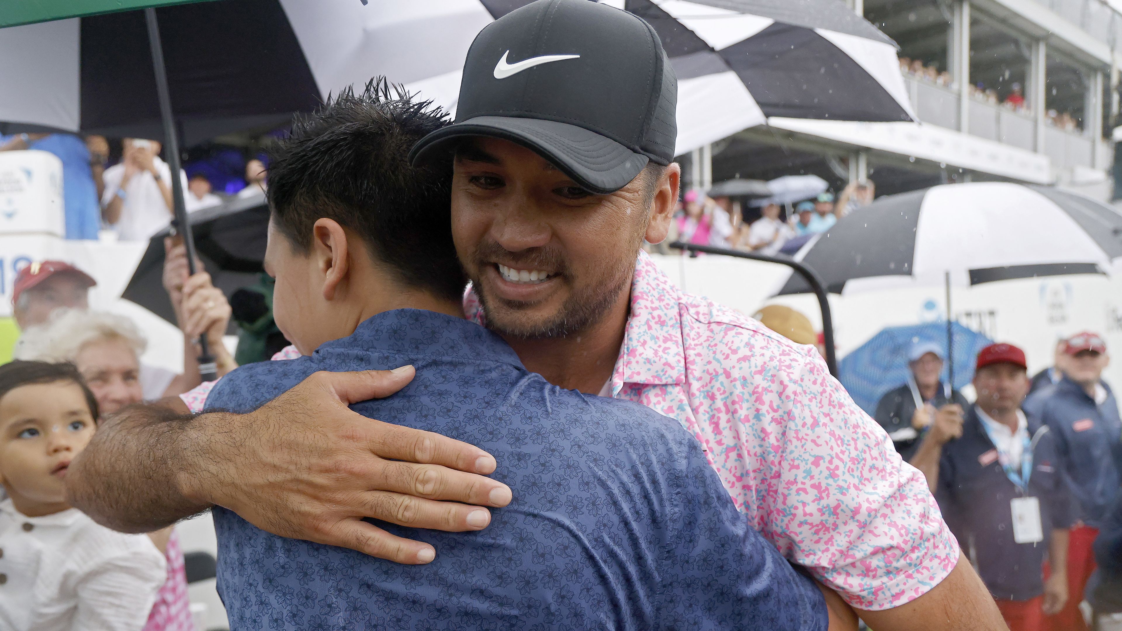 Jason Day and son Dash celebrate after he won the Byron Nelson in Texas.