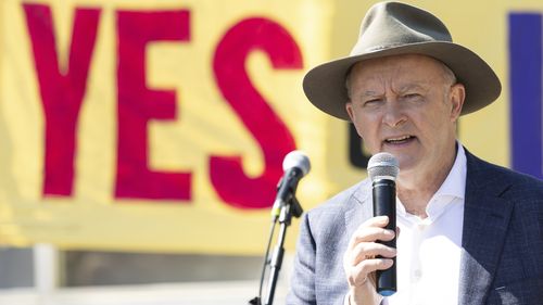 Prime Minister Anthony Albanese addresses a community event supporting the Yes23 campaign, in Queanbeyan, NSW.