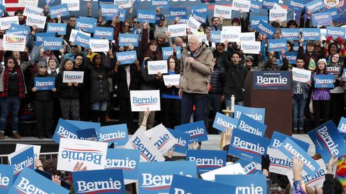 Bernie Sanders speaking to a crowd braving the cold in Salt Lake City, Utah.