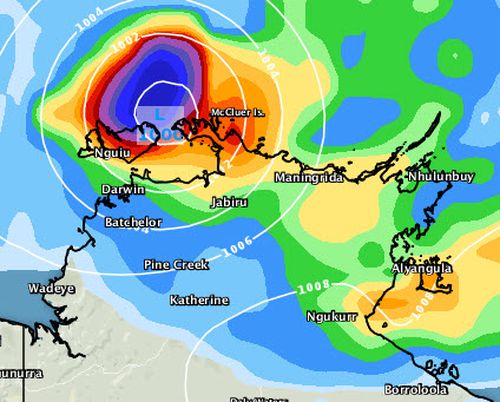 Tropical Cyclone Marcus is expected to cause wild weather as it moves towards the Northern Territory capital, Darwin, as seen in this forecast for 5am Saturday. Picture: Weatherzone