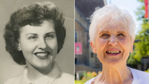Photographie senior de Joyce DeFauw de 1955, à gauche, et lors de sa visite sur le campus en août 2022.