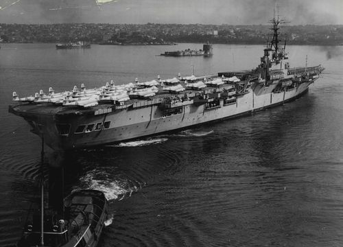 The aircraft carrier HMAS Vengeance. (Photo by Gordon Herbert Short/Fairfax Media).