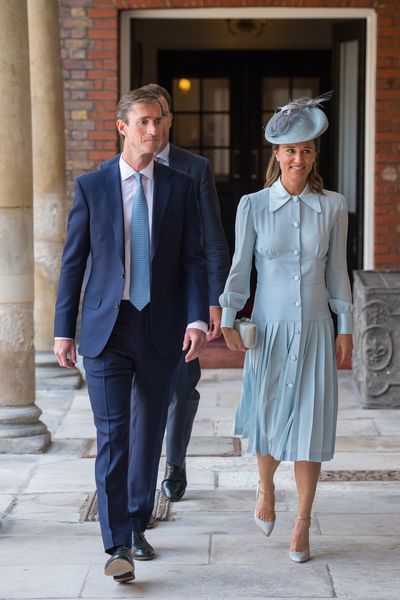 Pippa Middleton Matthews in custom-made Alessandra Rich and Jimmy Choo shoes at the christening of Prince Louis in London, July 2018