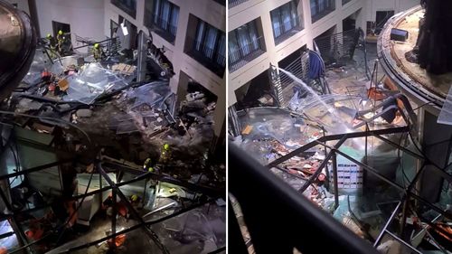 Effetti dell'esplosione dell'acquario all'interno del Berlin Hotel.  (instagram/tnn/dpa tramite AP)
