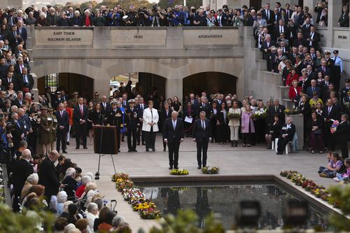 Australian Prime Minister Scott Morrison and Australian Leader of the Opposition Bill Shorten lay a wreath during a last post ceremony at the Australian War Memorial in Canberra