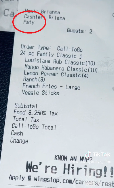 Customer called faty on Wingstop receipt