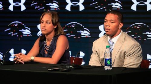 Former NFL player Ray Rice addresses the media with his wife Janay Palmer at a press conference earlier this year. (Getty Images)