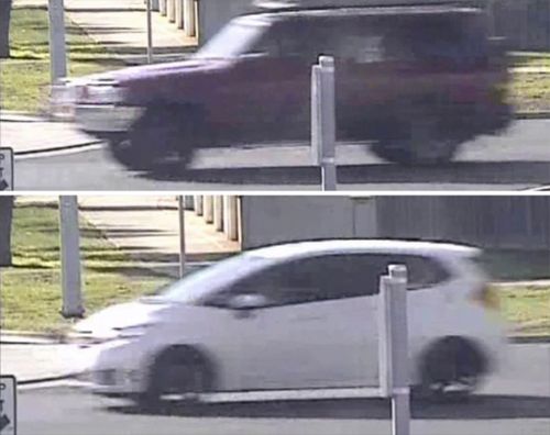 A maroon Nissan Patrol four-wheel drive wagon with a black roof rack and spare tire on the rear door; a white Honda Jazz wagon. (Victoria Police)