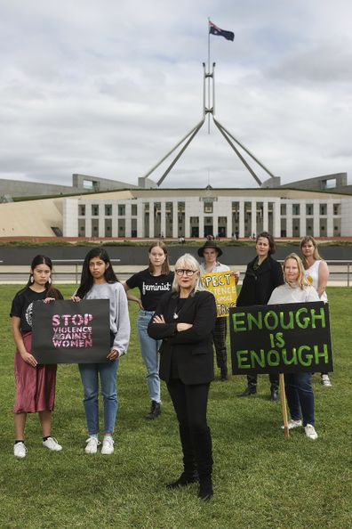 Group photo of Madeleine Chia, Avan Daruwalla, Aoibhinn Crimmins, Janine Hendry, Katchmirr Russell, Helen Dalley-Fisher, Frances Crimmins and Kate Walton on the eve of the Women's March 4 Justice at Parliament House in Canberra on Sunday 14 March 2021. fedpol Photo: Alex Ellinghausen