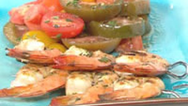 Lemon thyme prawn skewers with tomato salad
