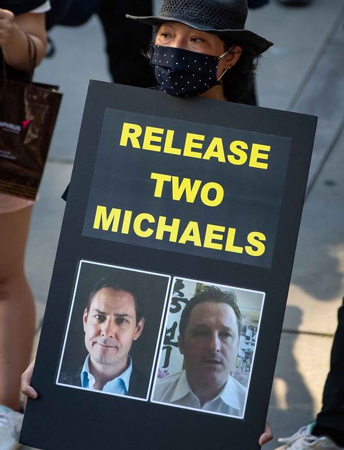 A rally in Vancouver, Canada, to release the two Canadians accused of espionage in China.