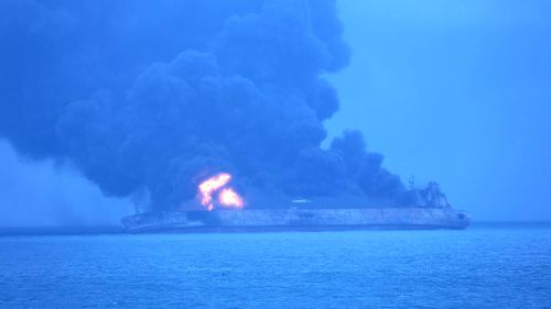 The Panama-registered tanker "Sanchi" is seen ablaze after a collision with a Hong Kong-registered freighter off China's eastern coast. (AAP)