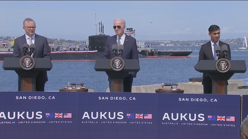 Anthony Albanese, Joe Biden and Rishi Sunak announce the AUKUS deal.