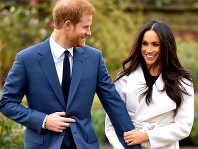 Prince Harry and Meghan Markle engagement announcement photocall in Kensington Palace gardens November 2017. Also shot used for step down announcement